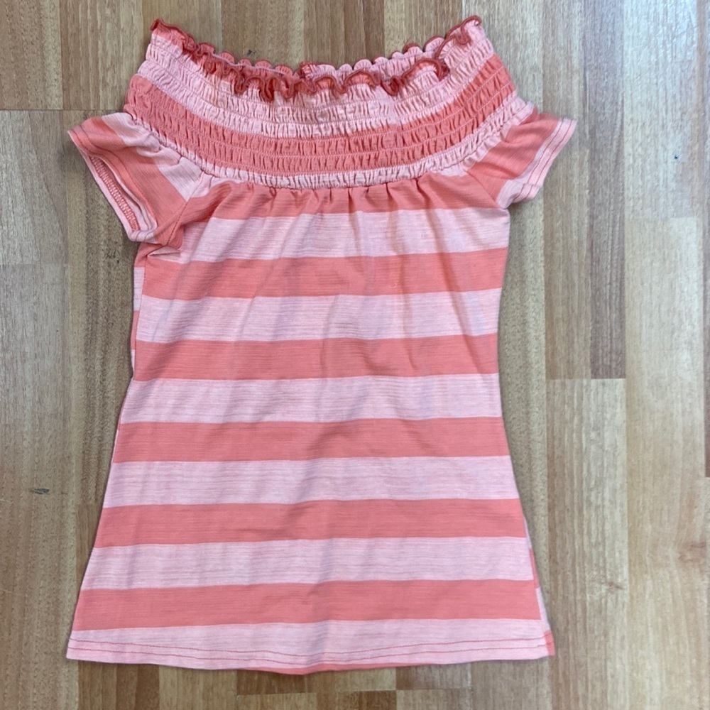 Younique Top coral Stripe Short Sleeve Off Shoulder Stretch Smocked Medium